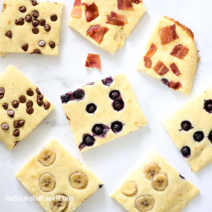 Sheet pan pancakes with toppings -- Easy breakfast idea for a crowd, or to freeze for weekday breakfasts. 