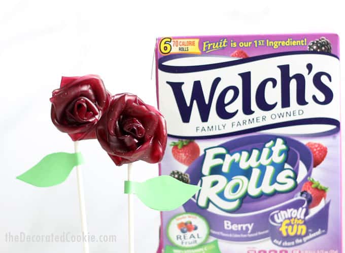 Fruit Roll rose bouquet! How to make gorgeous, EASY, fruit roll roses (flowers) with Welch's Fruit Rolls. A fun, kid-friendly food craft for spring. Use as cake, cookie, or cupcake toppers, OR, make a fruit roll rose bouquet as a gift for Mother's Day or birthdays. #WelchsFruitRolls #UnrollTheFun #sponsored #ad