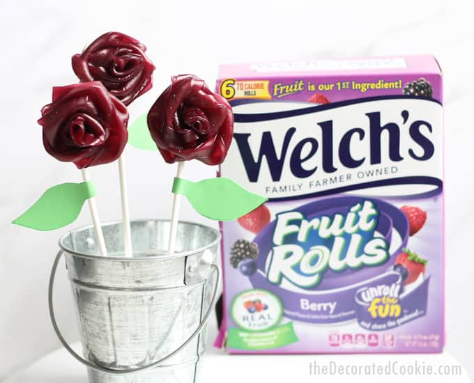 Fruit Roll rose bouquet! How to make gorgeous, EASY, fruit roll roses (flowers) with Welch's Fruit Rolls. A fun, kid-friendly food craft for spring. Use as cake, cookie, or cupcake toppers, OR, make a fruit roll rose bouquet as a gift for Mother's Day or birthdays. #WelchsFruitRolls #UnrollTheFun #sponsored #ad