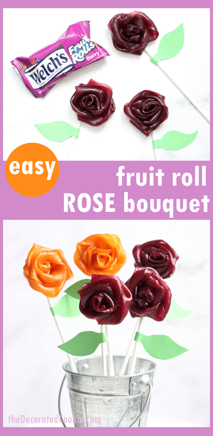 Fruit Roll rose bouquet! How to make gorgeous, EASY, fruit roll roses (flowers) with Welch's Fruit Rolls. A fun, kid-friendly food craft for spring. Use as cake, cookie, or cupcake toppers, OR, make a fruit roll rose bouquet as a gift for Mother's Day or birthdays. #WelchsFruitRolls #UnrollTheFun #sponsored #ad