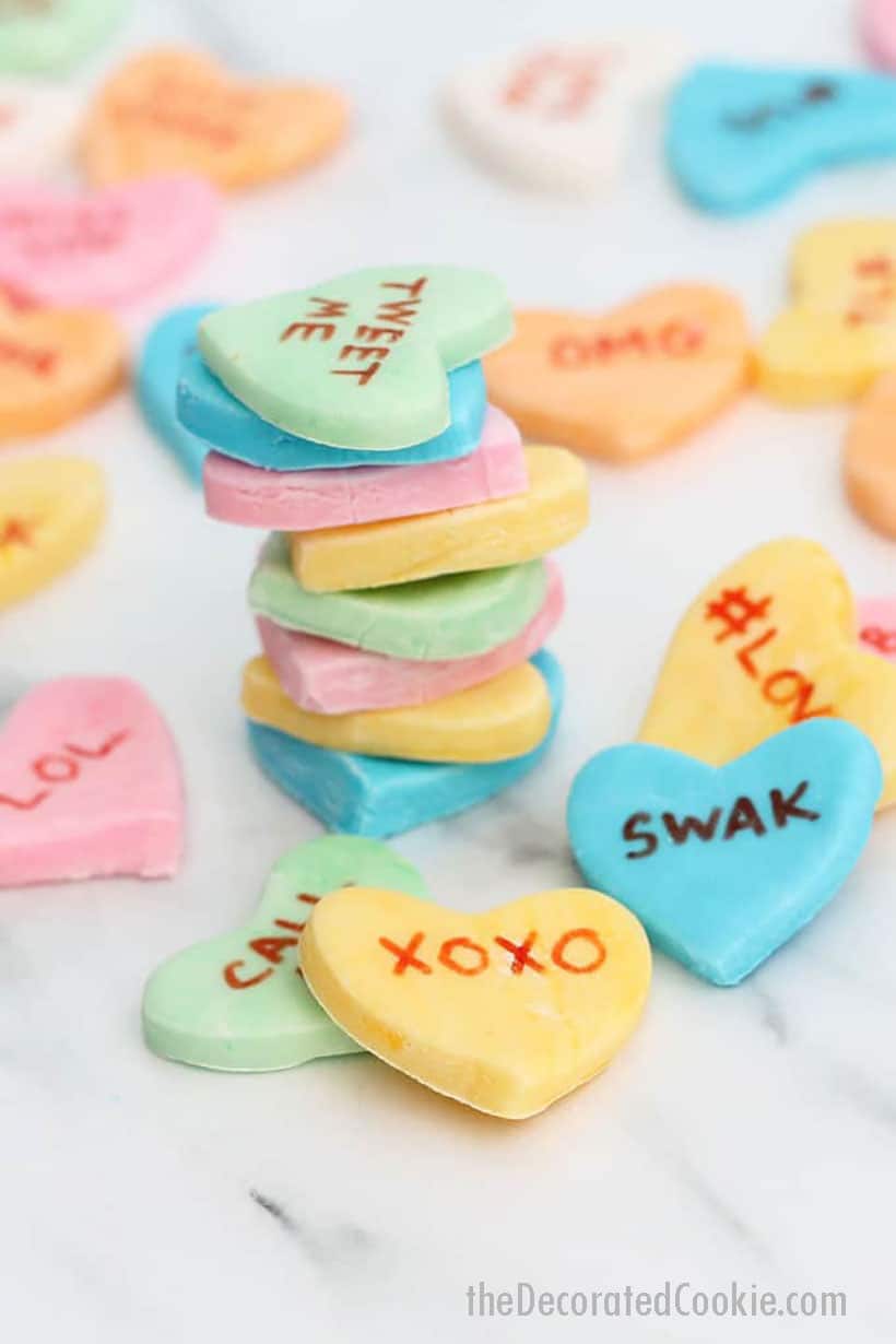 homemade conversation hearts candy for Valentine's Day, in pastels