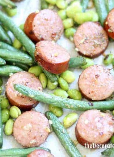 This kielbasa and green beans sheet pan dinner with edamame/soy beans is a delicious, low-carb, easy weeknight dinner idea that takes less than thirty minutes to make. Low-carb, gluten-free, keto dinner ideas. Video recipe included.
