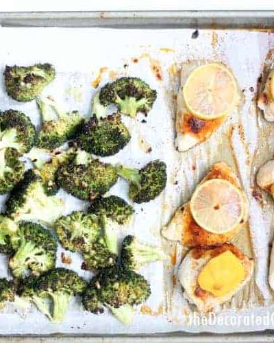 This easy broccoli and lemon chicken sheet pan dinner is delicious, full of flavor, and ready in under 30 minutes. It's low-carb, keto, whole 30, gluten-free, and an all around winner.  #SheetPanDinner #LemonChicken #EasyChickenRecipes #Keto #LowCarb #Broccoli