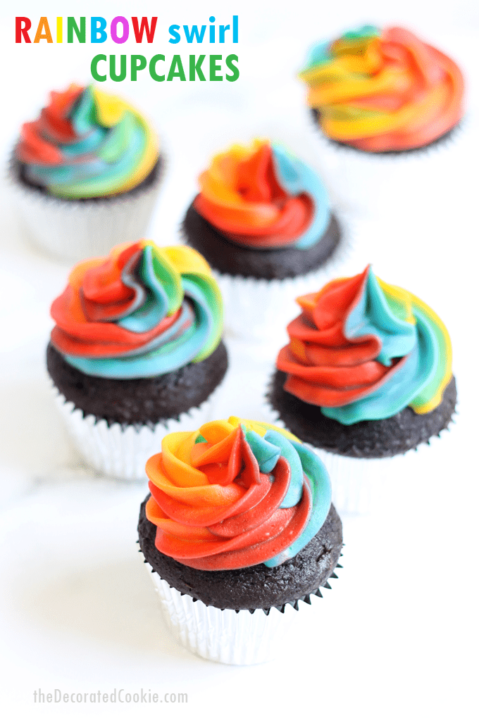 A step-by-step tutorial, with video, how to decorate rainbow swirl cupcakes with buttercream frosting. Easy, fun dessert for a rainbow or unicorn party.