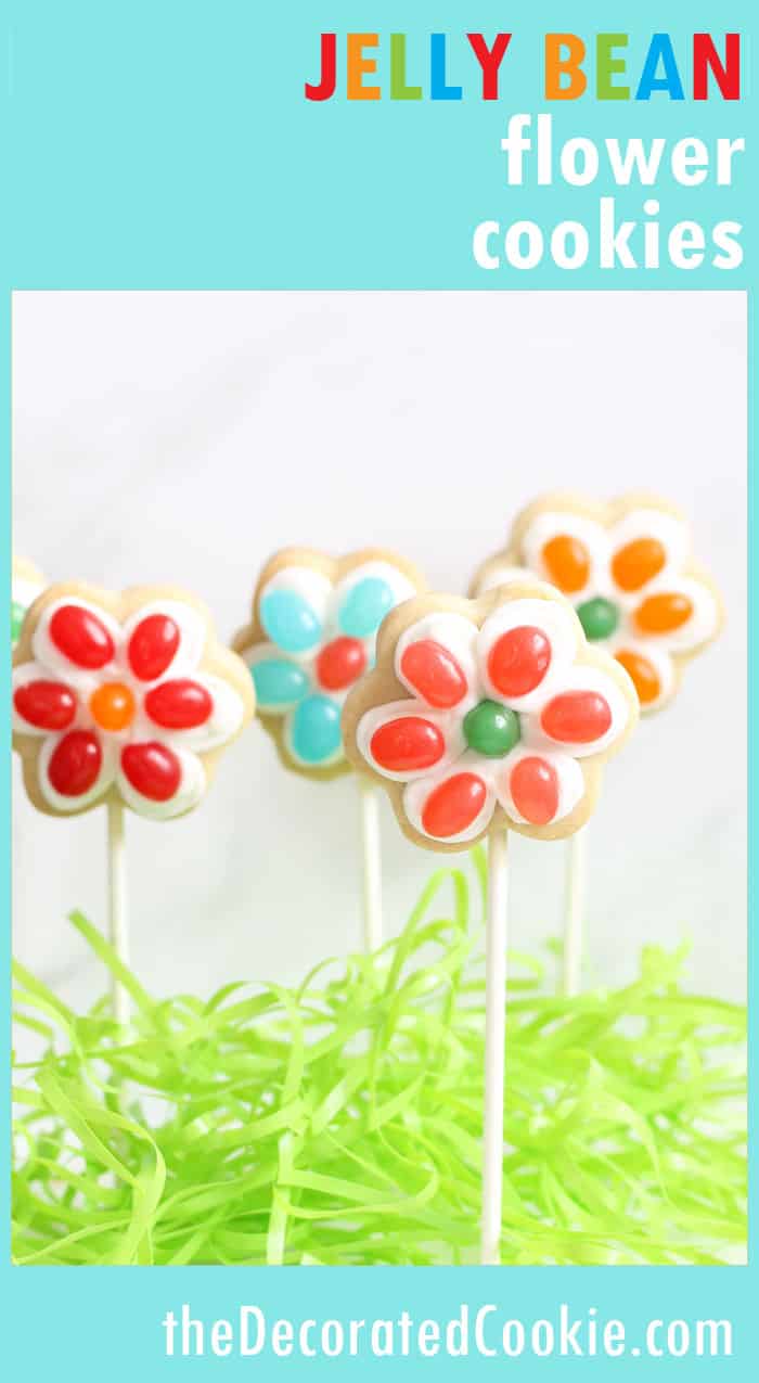 These jelly bean flower cookies on a stick are a cute and easy treat to make for Spring and Easter. #EasterDesserts #EasterTreats #SpringFlowers #FlowerCookies #JellyBeans #JellyBeanCookies #EasterCookies