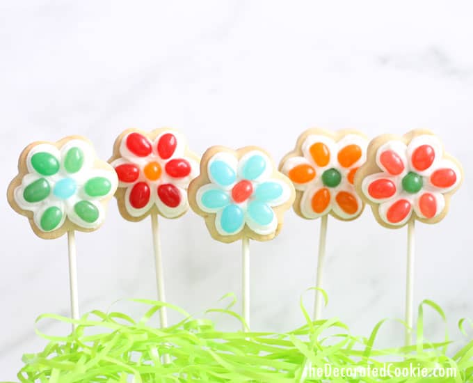  jelly bean flower cookies on a stick
