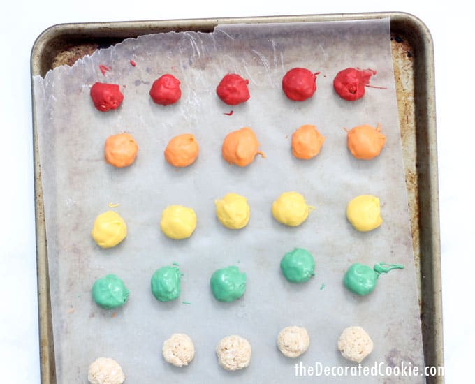 how to make rainbow rice krispie treat bites, the perfect, bite-size fun food for a rainbow or unicorn party. Also great for St. Patrick's Day food ideas.