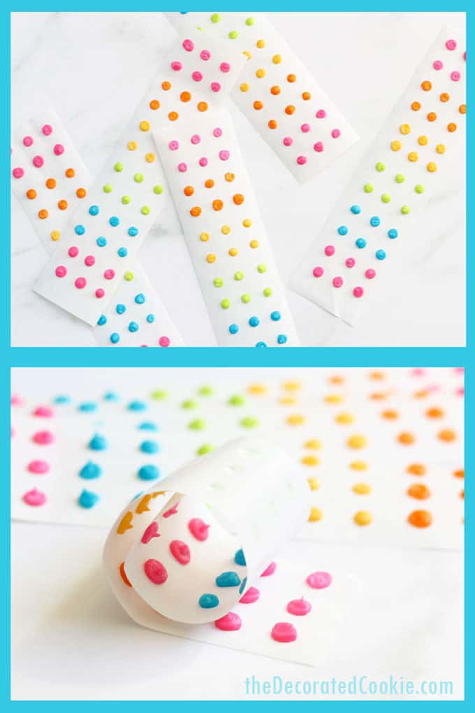 How to make retro homemade candy buttons with colorful royal icing, a copycat recipe of the traditional candy. Great rainbow and unicorn party food! Video how-tos. #RainbowFood #CandyButtons #RetroCandy #CandyDots #Homemade #CopycatRecipe #candybuttons #rainbow #candy #retro #vintage 