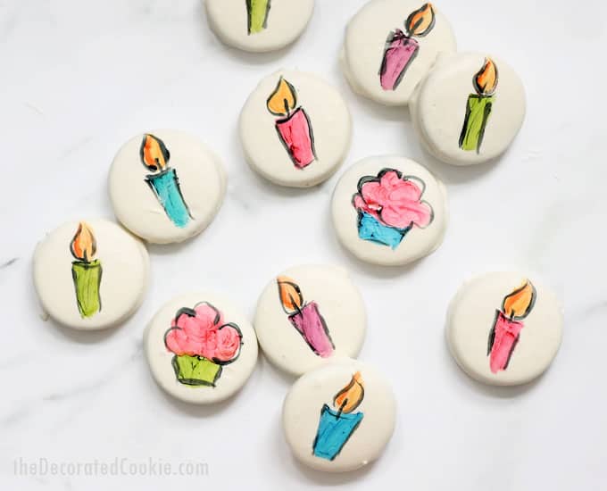 How to make chocolate-covered painted birthday oreos, a unique, personalized, fun food idea for a birthday gift. Video instructions included. #Oreos #cookiepainting #birthday #funfood #foodcoloring 