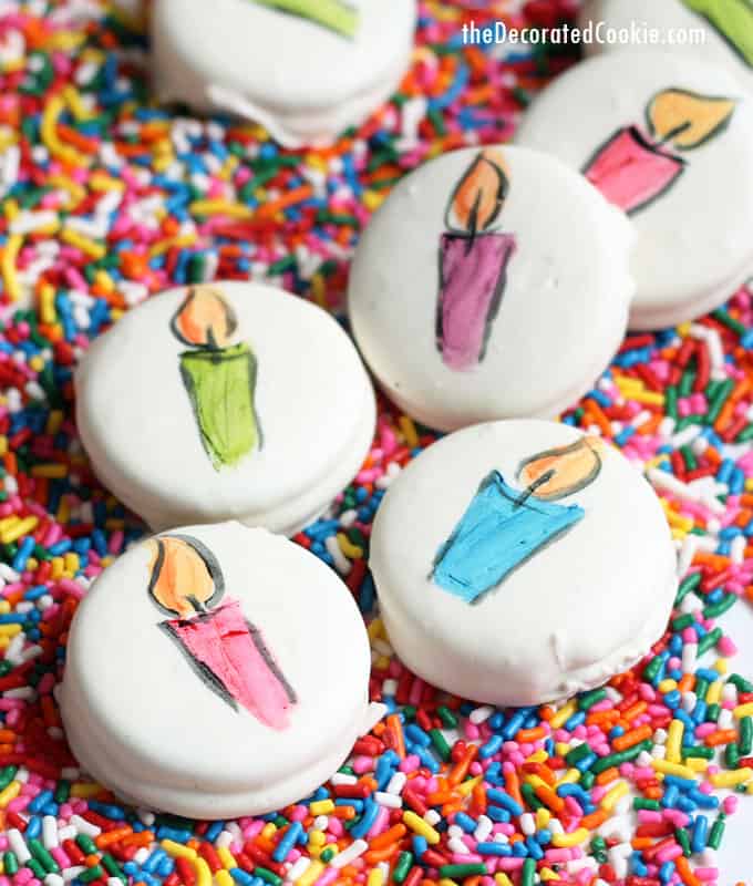 How to make chocolate-covered painted birthday oreos, a unique, personalized, fun food idea for a birthday gift. Video instructions included. #Oreos #cookiepainting #birthday #funfood #foodcoloring 