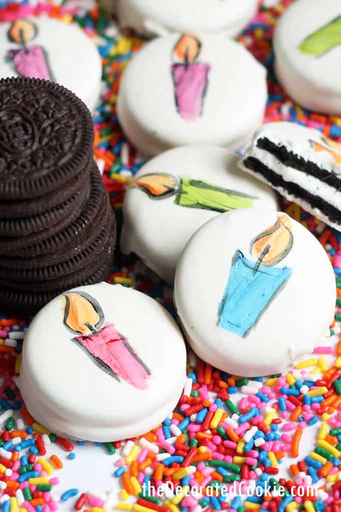How to make chocolate-covered painted birthday oreos, a unique, personalized, fun food idea for a birthday gift. Video instructions included. #Oreos #cookiepainting #birthday #funfood #foodcoloring
