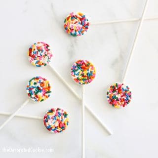 Easy sprinkle chocolate pops for birthday or rainbow parties.