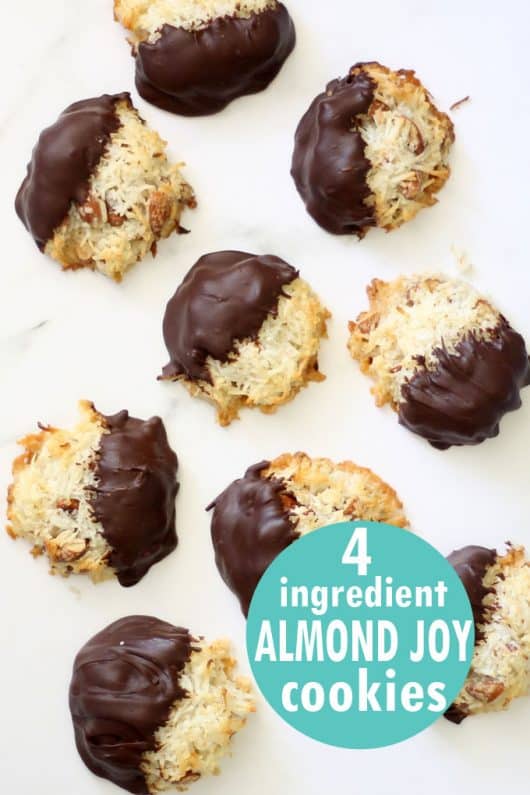 Almond Joy cookies with coconut, almonds, and chocolate.