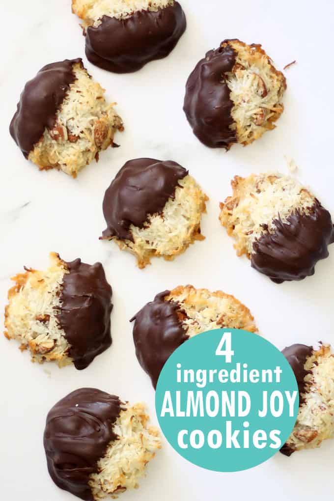 Almond Joy Cookies! Four-ingredients only. Coconut, almonds, and chocolate baked into a delicious cookie, just like the classic candy bar. #AlmondJoy #Hersheys #AlmondJoyCookies #Coconut 