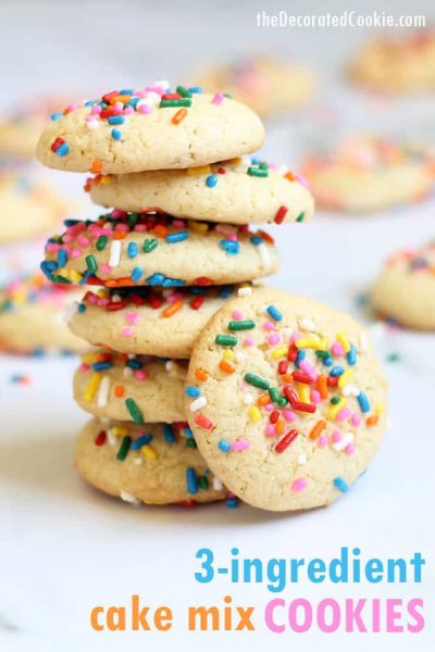 This three-ingredient cake mix cookie recipe topped with sprinkles is a quick, easy, delicious birthday cookie idea! Video recipe included. #CakeMixCookies #Sprinkles #BirthdayCookies