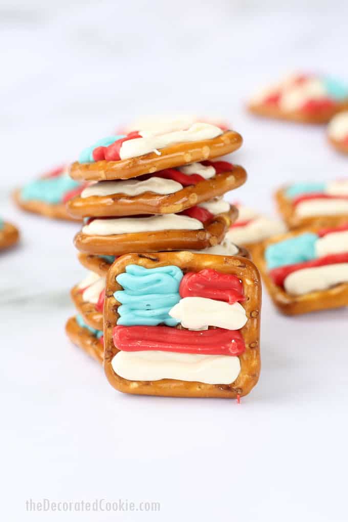 American flag pretzels with candy melts or white chocolate 