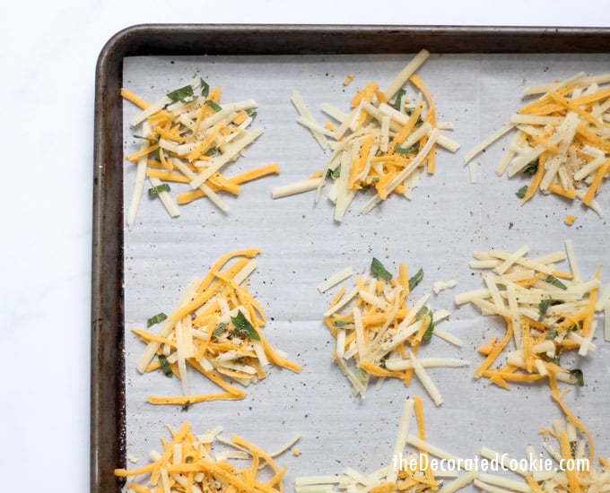 Parmesan crisps with herbs are an easy, low-carb, keto snack and appetizer. Made with only a few ingredients, shredded cheese, pepper, and sage. Video recipe. #ParmesanCrisps #LowCarb #Keto #snacks #appetizers #Cheese #Herbs 