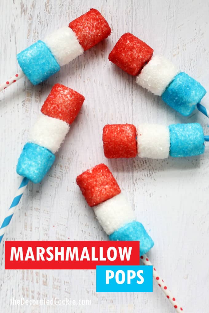 red, white, and blue marshmallow pops