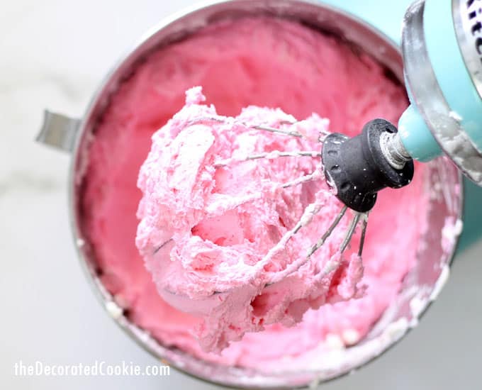 pink frosting in mixer 