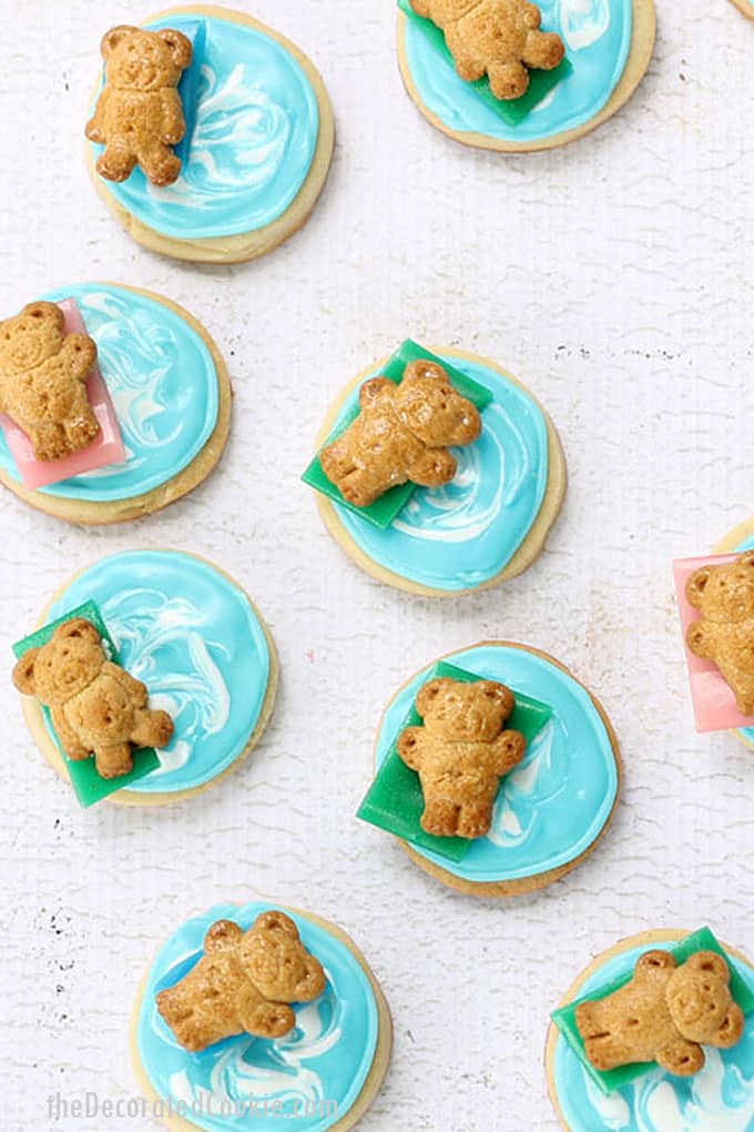 overhead image of pool party cookies with Teddy Grahams 