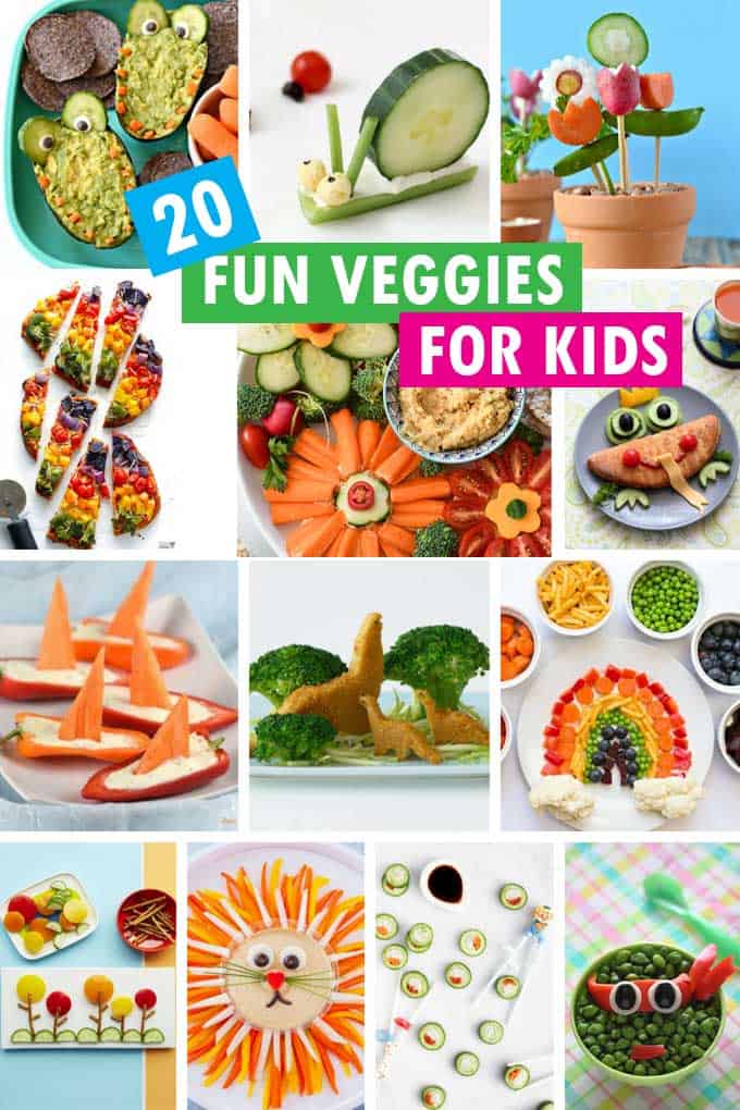collage of fun vegetables for kids