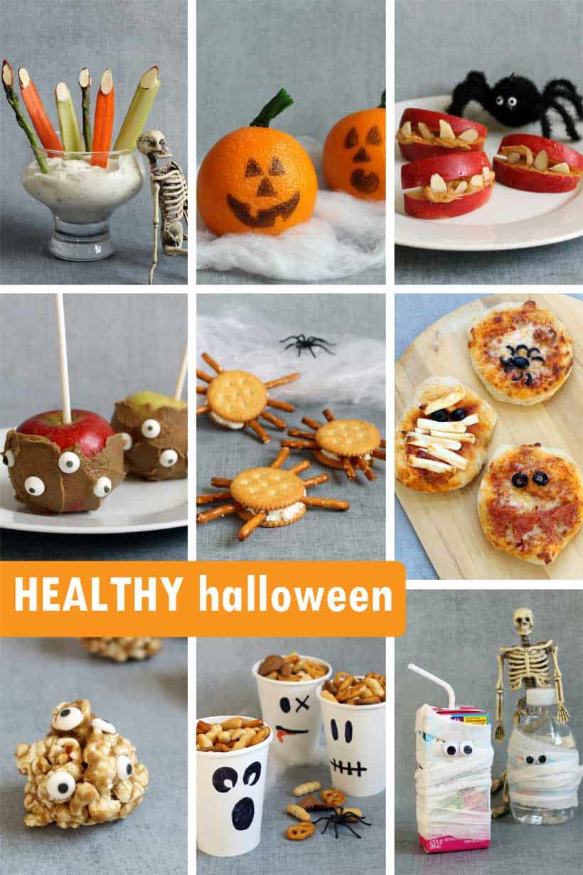 healthy halloween snacks and treats collage