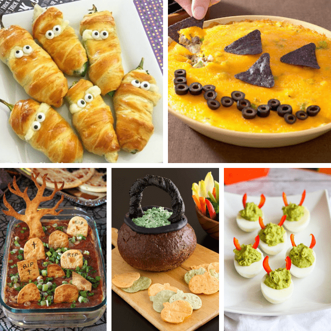 A roundup of 30 HALLOWEEN APPETIZERS and snacks, fun Halloween food ideas for your Halloween party. Spooky, easy appetizer ideas. #halloween #partyfood #halloweenappetizers #halloweensnacks #funfood #roundup 