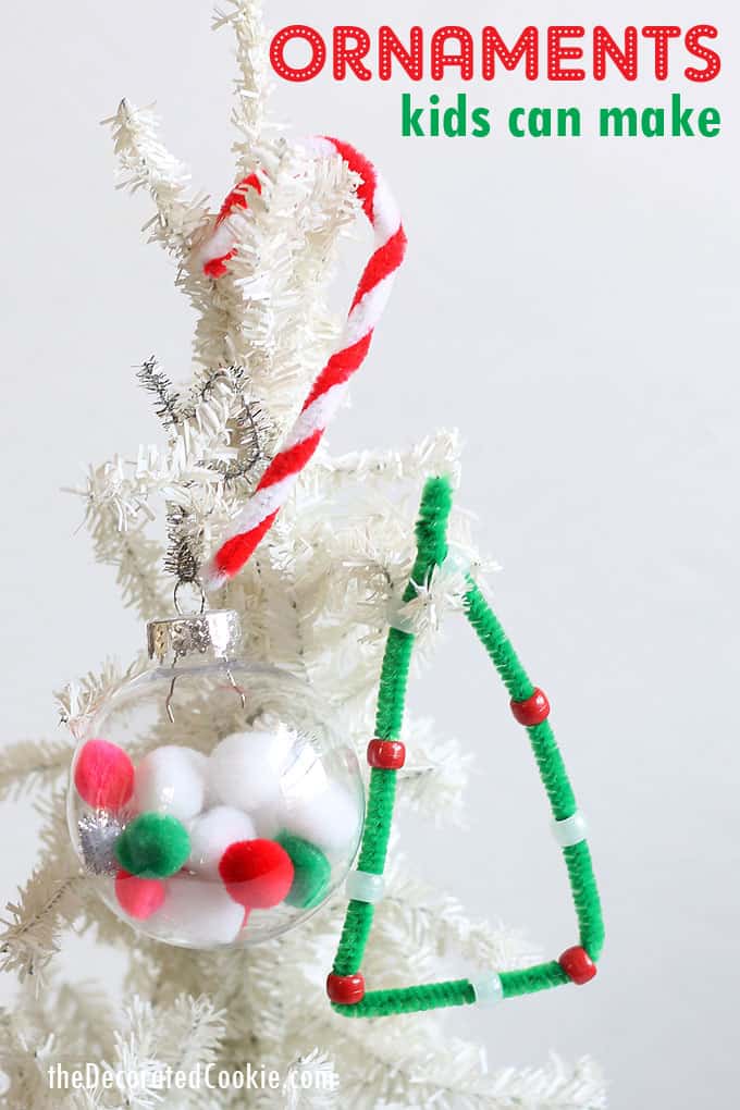 CHRISTMAS ORNAMENT CRAFTS: Easy pipe cleaner ornaments and pom pom baubles that kids can make! Great classroom Christmas crafts for kids. #christmas #ChristmasCrafts #kidscrafts #Christmascraftsforkids #diyornaments #pipecleanerornaments #christmastree #candycane
