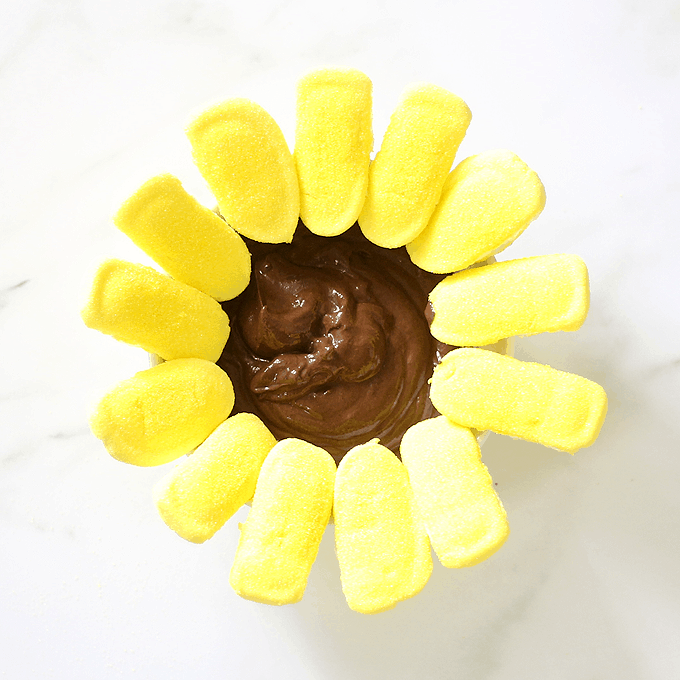 SUNFLOWER PEEPS CHOCOLATE YOGURT DIP is a fun, healthy dessert or appetizer for Easter, Mother's Day, and Spring. Made with marshmallow Peeps.