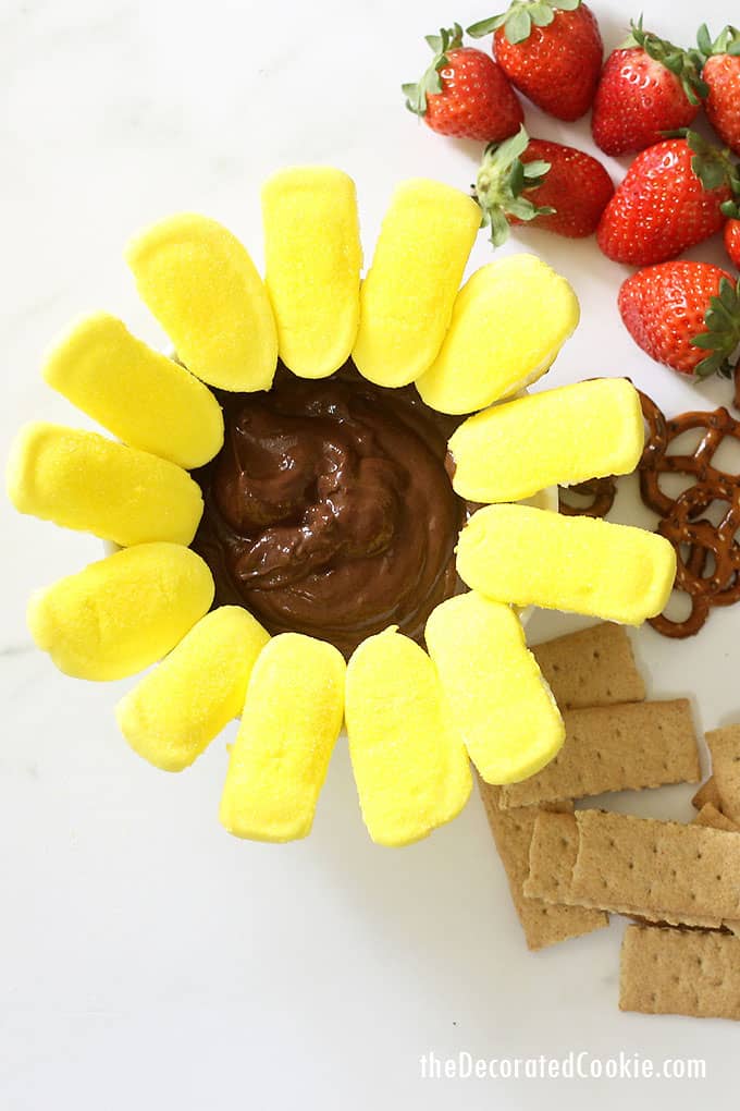 SUNFLOWER PEEPS CHOCOLATE YOGURT DIP is a fun, healthy dessert or appetizer for Easter, Mother's Day, and Spring. Made with marshmallow Peeps.