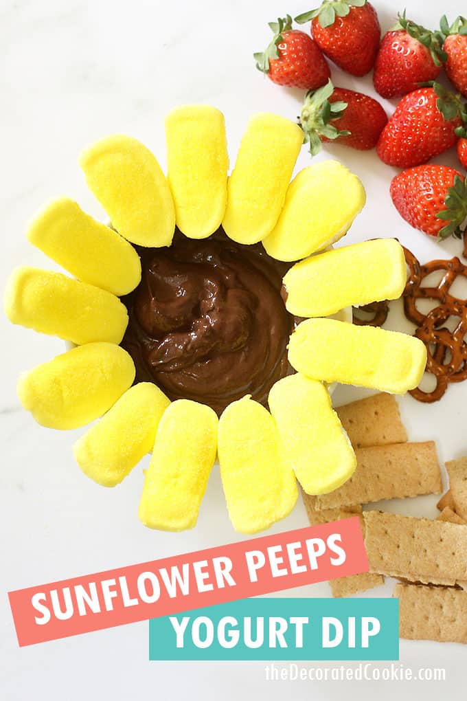 chocolate yogurt dip with Peeps to make sunflower 