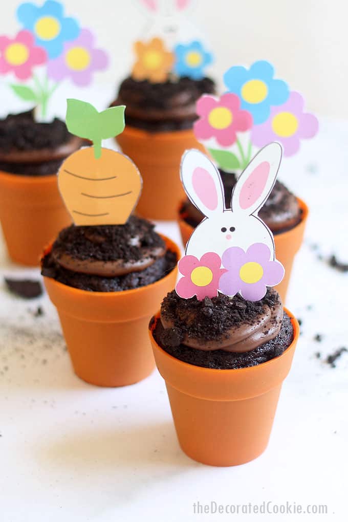ONE-BOWL CHOCOLATE CUPCAKES AND CHOCOLATE BUTTERCREAM FROSTING -- Moist, flower pot Easter cupcakes with free Easter printables