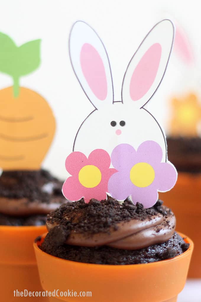 ONE-BOWL CHOCOLATE CUPCAKES AND CHOCOLATE BUTTERCREAM FROSTING -- Moist, flower pot Easter cupcakes with free Easter printables