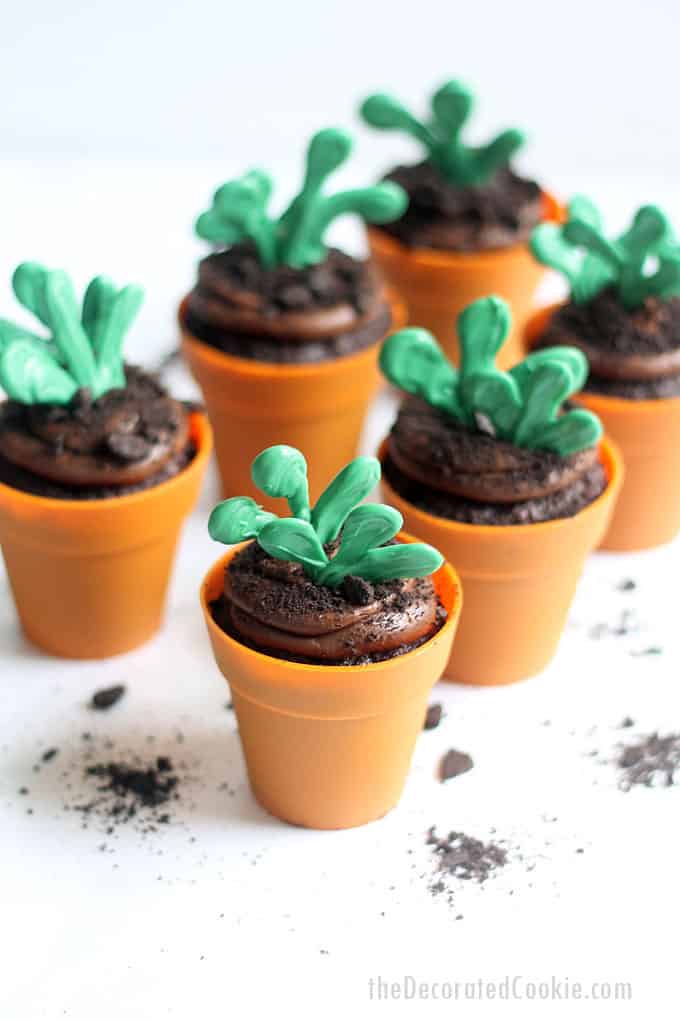 FLOWER POT CUPCAKES -- Delicious chocolate cupcakes with chocolate buttercream frosting, topped with candy sprouts for Earth Day, garden, or spring.