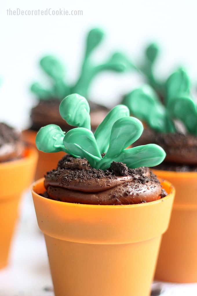 FLOWER POT CUPCAKES -- Delicious chocolate cupcakes with chocolate buttercream frosting, topped with candy sprouts for Earth Day, garden, or spring.