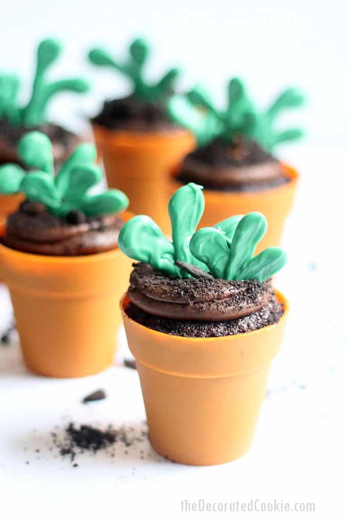 FLOWER POT CUPCAKES -- Delicious chocolate cupcakes with chocolate buttercream frosting, topped with candy sprouts for Earth Day, garden, or spring.