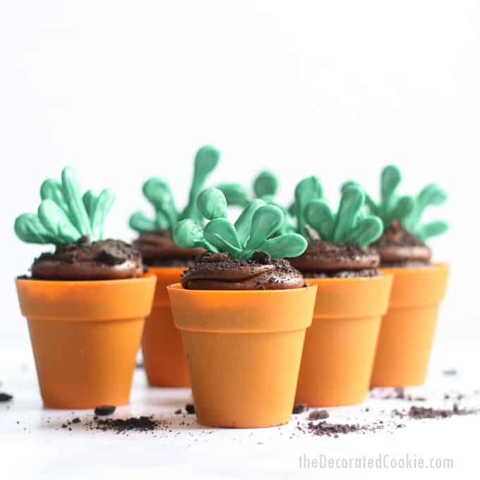 FLOWER POT CUPCAKES -- Delicious chocolate cupcakes with chocolate buttercream frosting, topped with candy sprouts for Earth Day, garden, or spring.