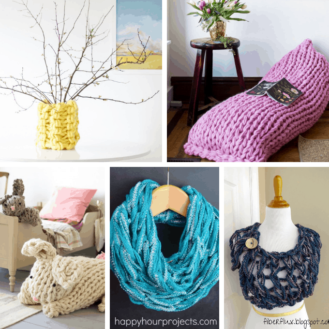 A roundup of 30 FINGER AND ARM KNITTING projects -- free patterns including blankets, scarves, pillows, home decor, accessories, and more.