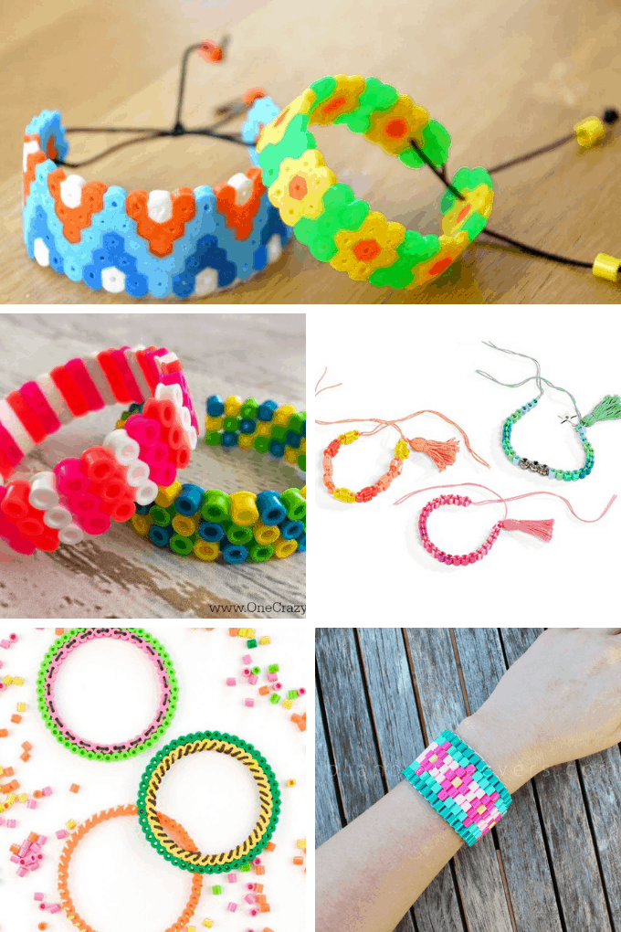 A roundup of 15 JEWELRY PERLER BEAD PATTERNS. How to make hama beads or fused beads into necklaces, earrings, and bracelets.