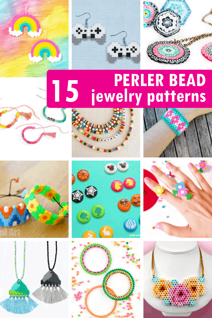 A roundup of 15 JEWELRY PERLER BEAD PATTERNS. How to make hama beads or fused beads into necklaces, earrings, and bracelets.