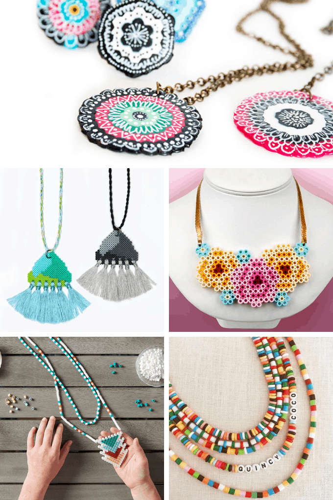 A roundup of 15 JEWELRY PERLER BEAD PATTERNS. How to make hama beads or fused beads into necklaces, earrings, and bracelets.