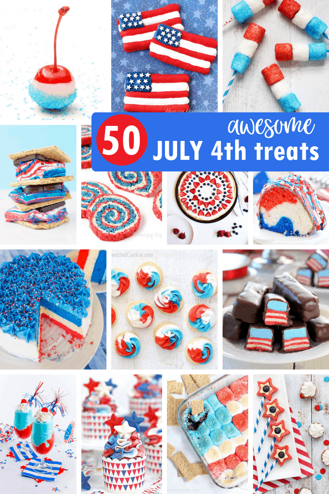 50 of the BEST 4TH OF JULY DESSERTS! Cupcakes, cookies, marshmallows, pretzels, donuts, fruit, Rice Krispie treats, and more.