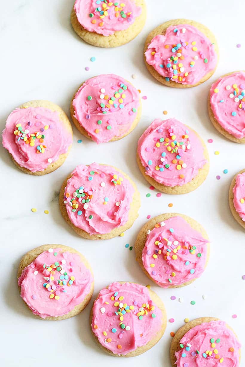 soft cookies with pink frosting and sprinkles 