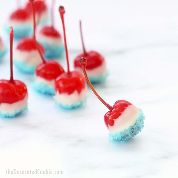 close up of boozy cherry bombs with one tilted 