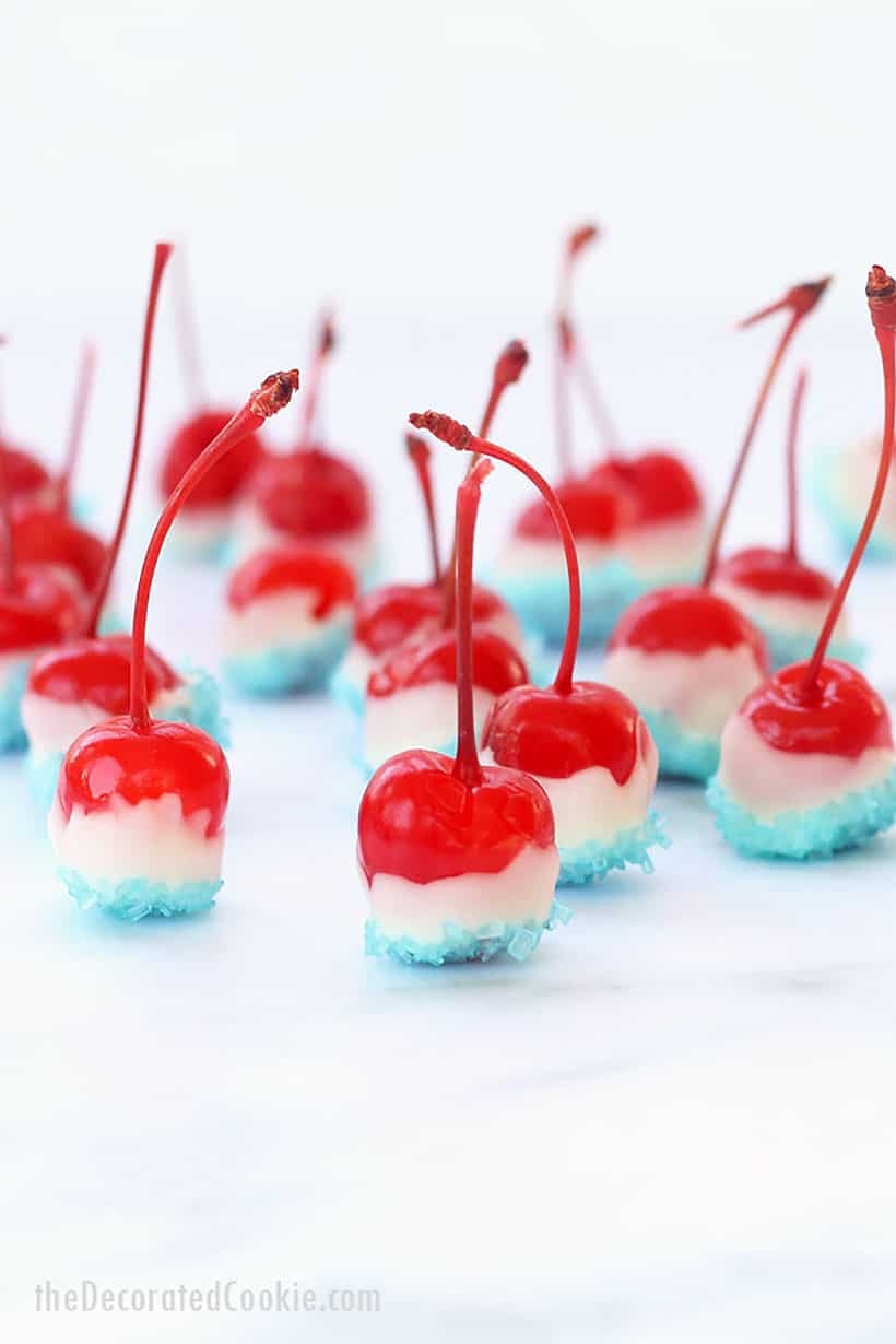 red, white, and blue boozy vodka cherry bombs for the 4th of July
