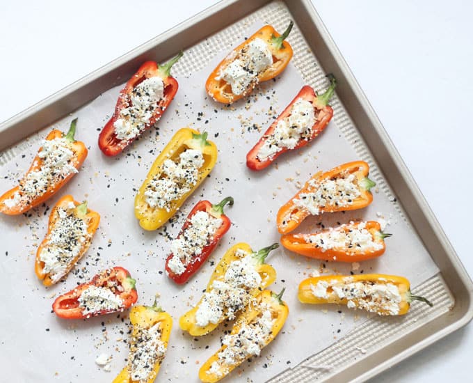 how to make goat cheese mini stuffed peppers -- on baking tray