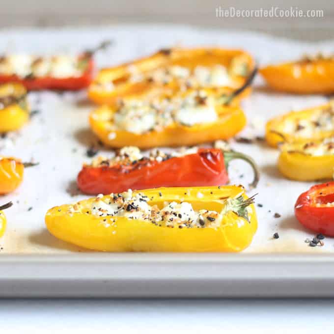 how to make goat cheese mini stuffed peppers -- close-up image on baking tray