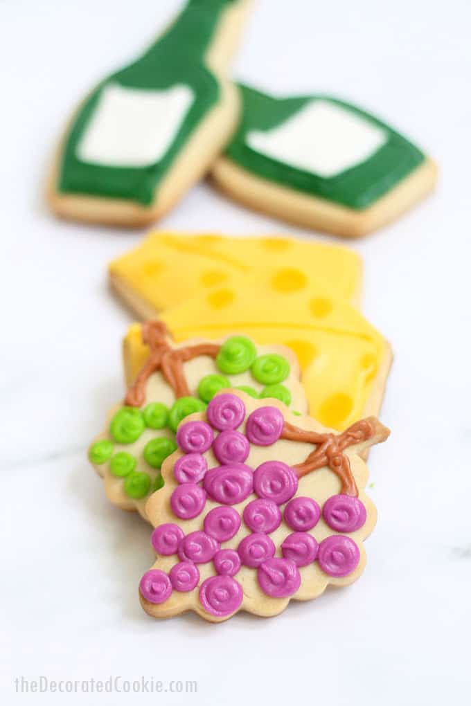 How to decorate WINE AND CHEESE COOKIES with royal icing, a fun treat for a wine tasting party or for a wine gift basket for a host.