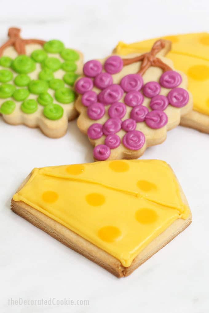 How to decorate WINE AND CHEESE COOKIES with royal icing, a fun treat for a wine tasting party or for a wine gift basket for a host.