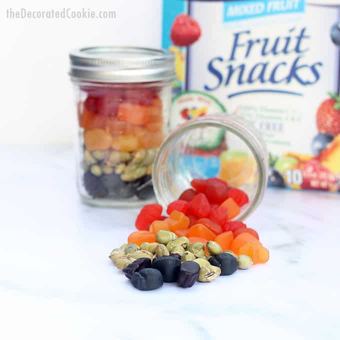 view of rainbow snack mix mason jars 